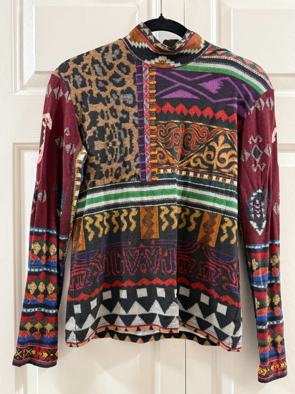 Etro Mixed Print Mock Neck Top Italy Designer Stretch Boho Size 42 US 6